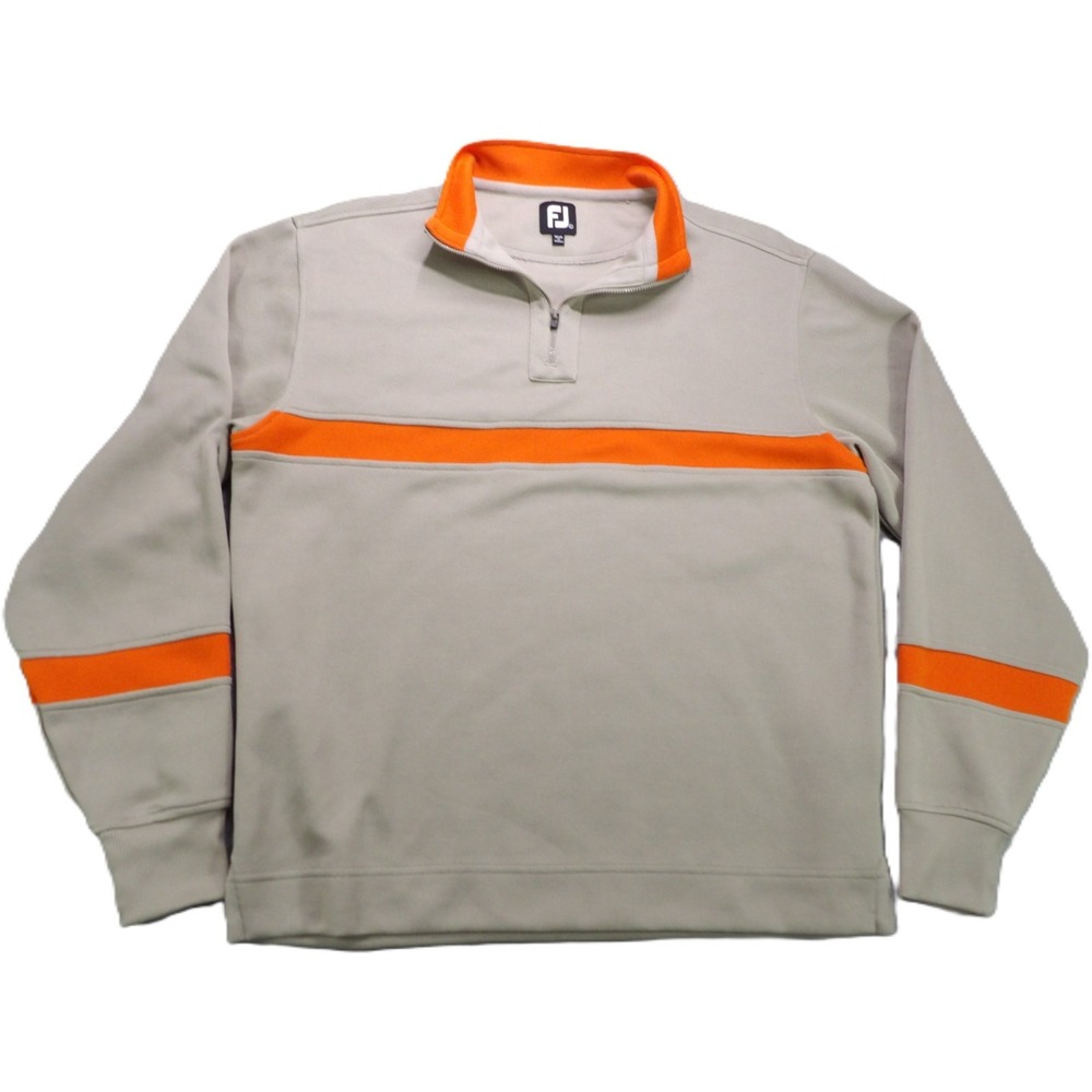 FootJoy Golf Pullover Jacket Sweater Men Large Beige Orange 1/4 Zip Ribbed Poly